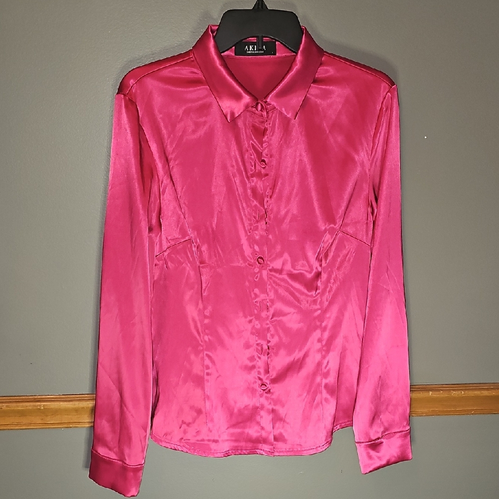 AKIRA Fuchsia Satin Button Down Shirt